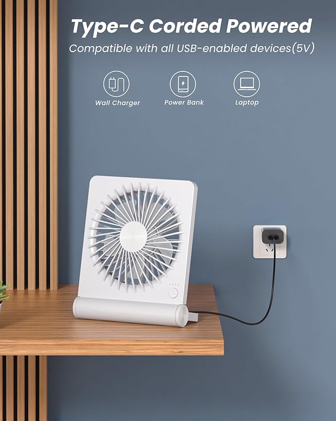 Koonie USB Fan, Strong Wind Quiet Small Desk Fan 220° Tilt Folding 3 Speeds - Image 4