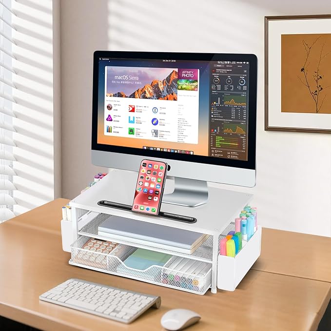 AUPSEN White Monitor Stand Riser, 2-Tier Wood Computer Desk Organizer with Drawer, Pen Storage & Phone Holder ，Office Desk Accessories Desktop Organizer for Office Supplies