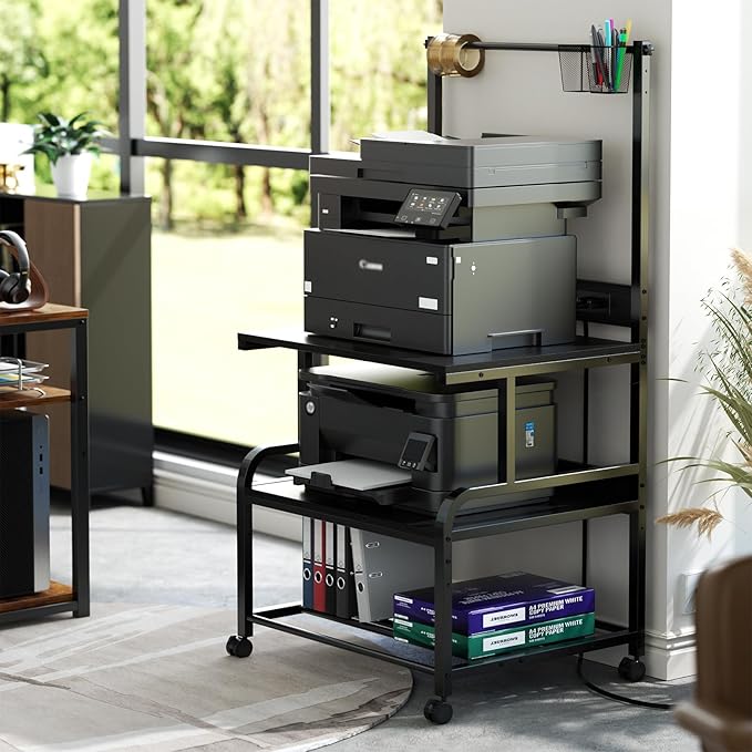 Homieasy Printer Stand with Charging Station, 29.1" x 22.8" Large 3D Printer Table with Filament Storage, Heavy Duty Rolling Printer Cart with 4-Tier Storage for Workshop/Office/Garage, Black-DeskLoop Office