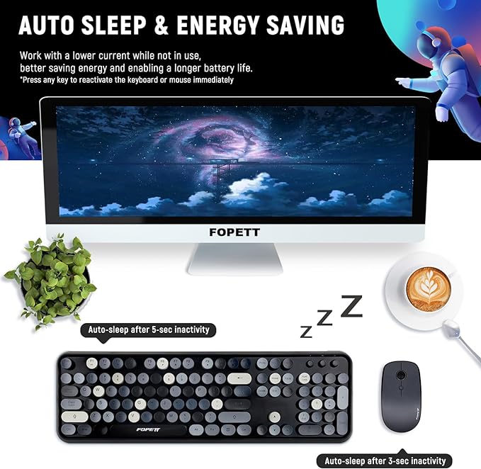FOPETT Wireless Keyboard and Mouse Combo - 2.4G Full-Sized Cute Colorful Retro Keyboard with Round Keycaps 104 Keys Typewriter Keyboard for Laptop/Windows/PC - Grey Colorful-DeskLoop Office
