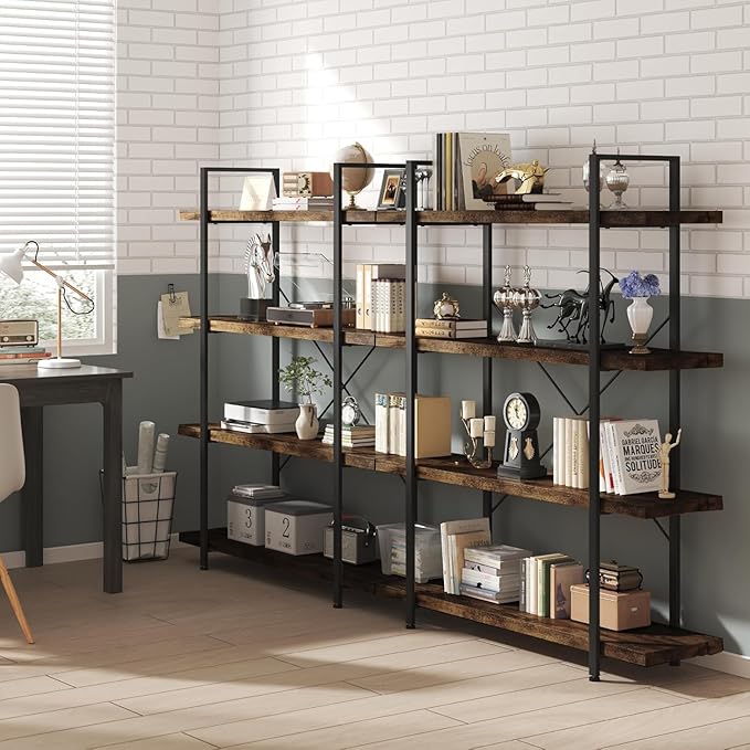Heavy Duty 4-Tier Industrial Bookcase, 47" Wide Wood Bookshelf for Home Office, 120lbs Shelf Capacity, Rustic Open Shelving Display with Reinforced Horizontal Shelf for Living Room Bedroom-DeskLoop Office