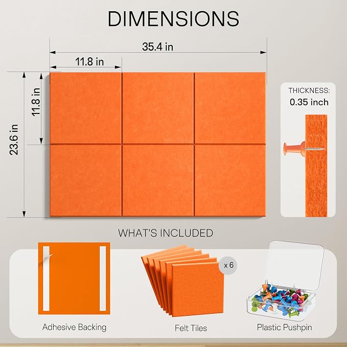 MaxGear Felt Bulletin Board 36" x 24", 6 Pack 11.8" x 11.8" Wall Panels - Image 5