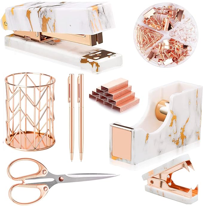 Rose Gold Marble Desk Accessories, Office Supplies Set Stapler Staple Remover by Famassi