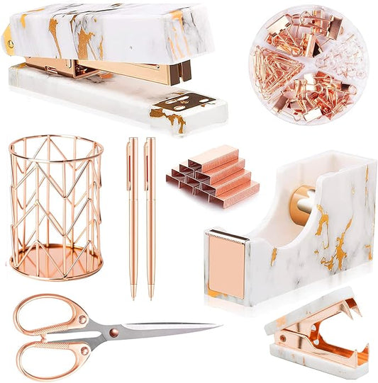 Rose Gold Marble Desk Accessories, Office Supplies Set Stapler Staple Remover by Famassi