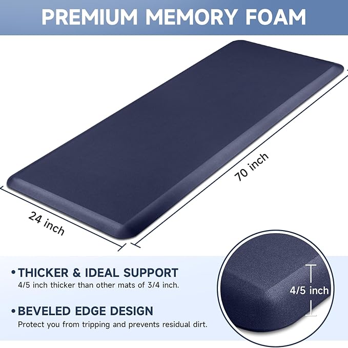 4/5 Inch Thick Kitchen Mats for Floor, StepRite Kitchen Rug for Standing Desk, Non-Slip, Thicker, Stain Resistant, Waterproof, Comfort Anti Fatigue Floor Mat for Home, Kitchen, Office - Blue,70*24''-DeskLoop Office