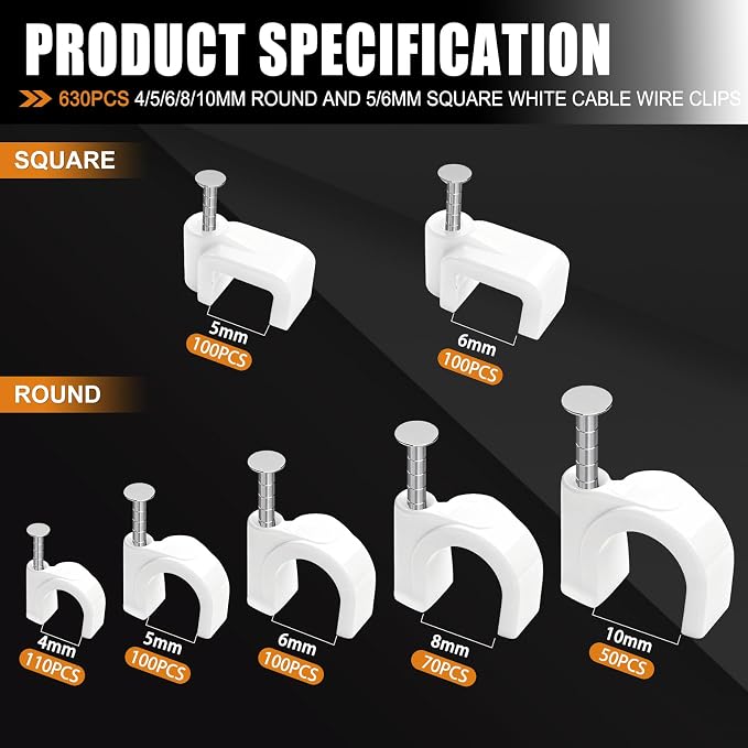 mankk 630PCS Cable Clips Nail in Cable Clips Wire Clips 4/5/6/8/10mm Round & - Image 2