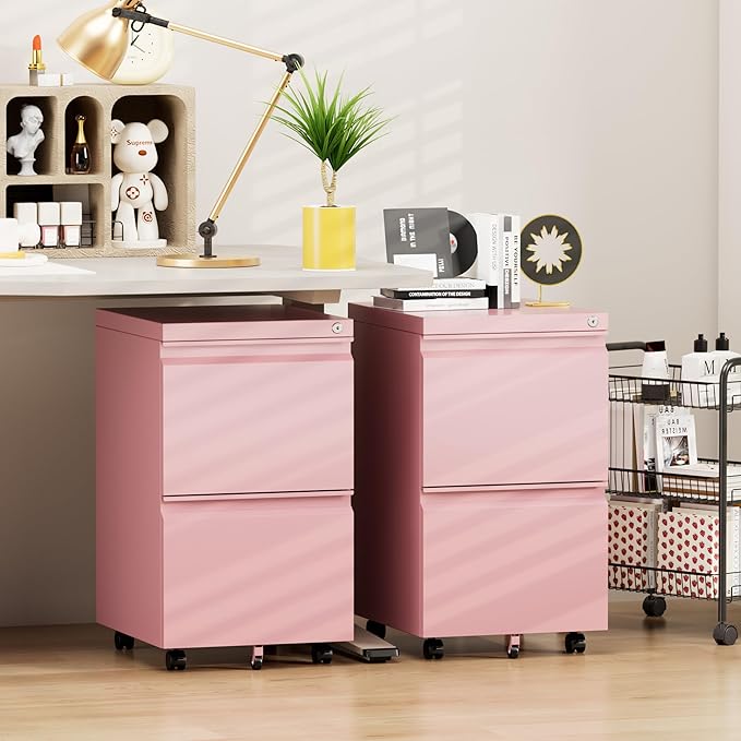 Aobabo Metal 2 Drawer Office File Cabinet with Lock, Under Desk Office Steel Files Cabinet on Wheels, 25.6''H Legal/Letter A4 Size, Fully Assembled Except Wheels,Pink-DeskLoop Office