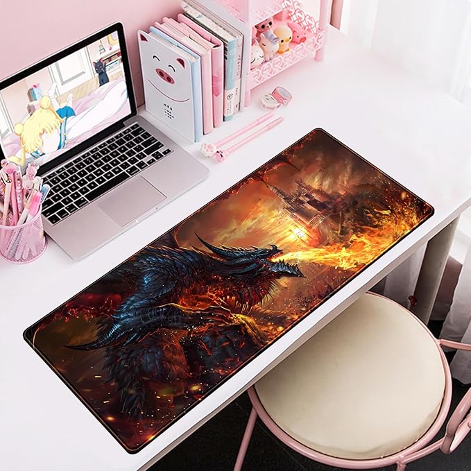 Japanese Desk Mat Dragon Castle Desk Pad Game Aesthetic Mouse Pad Large Gaming Mousepad Extended Keyboard Pad 31.5 x 11.8 in Laptop Computer Mouse Keyboard Mouse Pads for Desk Decor Mat.-DeskLoop Office