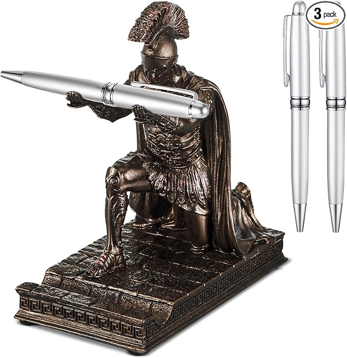 Spakon Knight Pen Holder with 2 Pens Resin Desk Organizers and Accessories Funny Executive Pen Stand Fancy Cool Office Gadgets Cool Desk Decorations for Men Home Supplies (Roman,Bronze)-DeskLoop Office