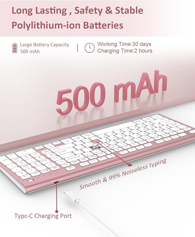 FENIFOX Wireless Keyboard, Bluetooth + USB Ergonomic Silent Quiet Rechargeable with Number Pad Cute Compact Full Size Multi Device Keyboards for iPad Tablet Mac Computer Surface PC MacBook Laptop Pink-DeskLoop Office