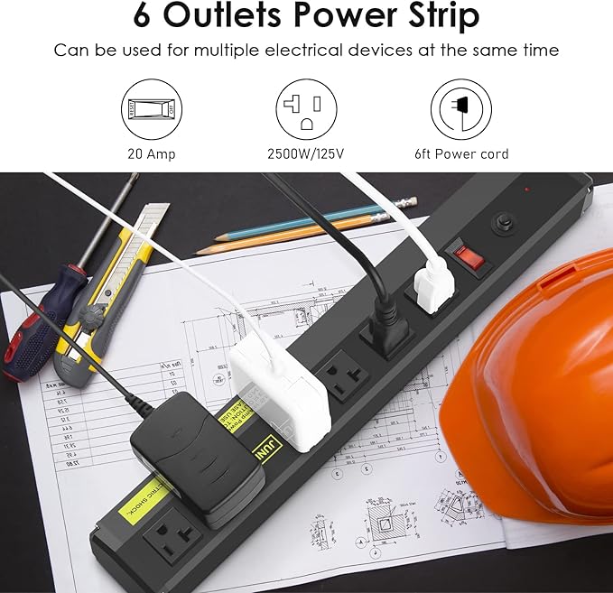 JUNNUJ Heavy Duty Metal Power Strip 20 Amp, High Amp Surge Protector 6 Outlet, 20A Power Strips Workshop Industrial Outlets Wide Spaced 6-20R T-Slot with Circuit Breaker, 12 Gauge Extension Cord 10ft-DeskLoop Office