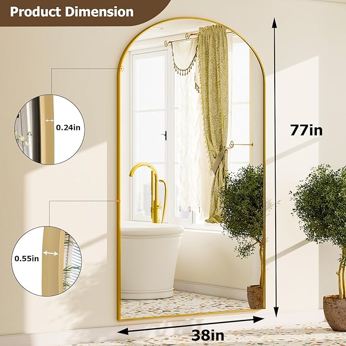 GLSLAND-38x77 inch Arched Full Length Mirror - Floor Mirrors Aluminum Alloy Frame Full Body Dressing Mirror for Bedroom Living Room,Gold-DeskLoop Office