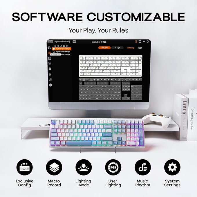 EPOMAKER TH108 Full Size Mechanical Keyboard, Wireless Gaming Keyboard with 8000mAh Battery, Creamy Gasket, 108 Keys, Hot Swap, Custom Driver, RGB Backlight (Blue&White, Creamy Jade)-DeskLoop Office