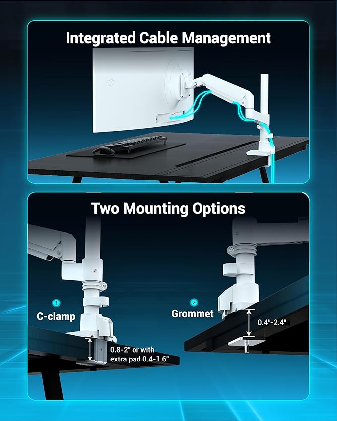 Heavy Duty Monitor Arm for 13-49 Inch Ultrawide Screens, Holds Up to 44lbs, Fully Adjustable Single Monitor Mount, with Clamp & Grommet Base, 75/100mm VESA Desk Mount, White-DeskLoop Office
