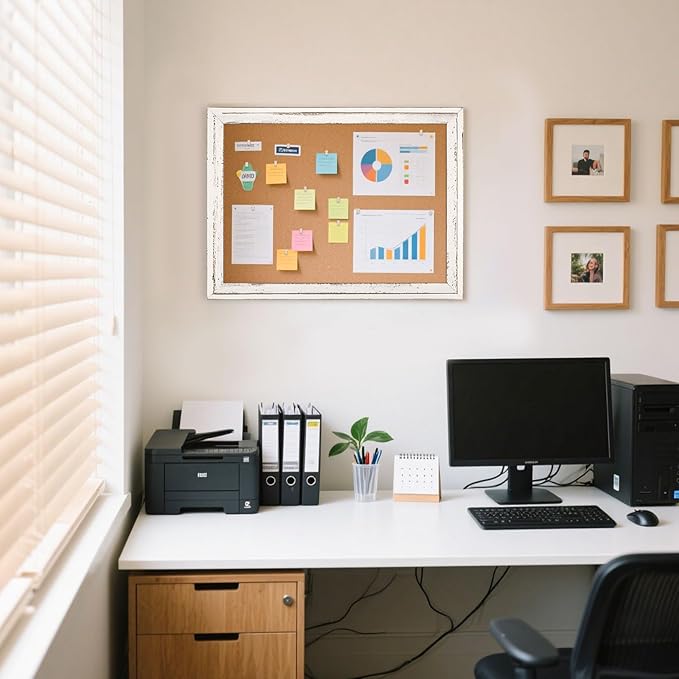 White Cork Board Bulletin Board, 24" x 18" Wooden Framed Corkboard for Office, Decorative Hanging Pin Board Vision Board for Office Home School Decor-DeskLoop Office
