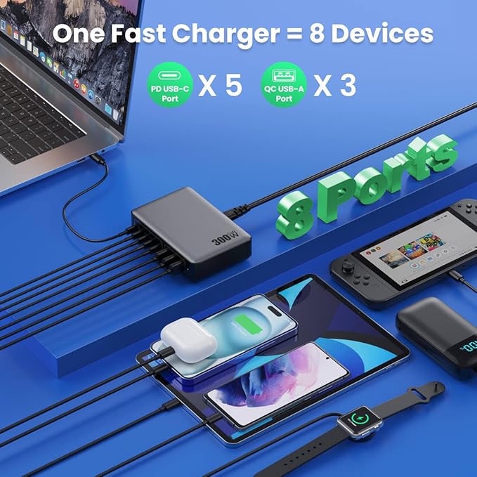 USB C Charger 300W USB C Charger Block, 8-Ports GaN IV Fast Charging Station Hub, Dual PD 100W Laptop Charger Adapter,for MacBook Pro/Air/iPad/iPhone16/15/14/Apple Watch/DELL/Samsung for Home Office-DeskLoop Office