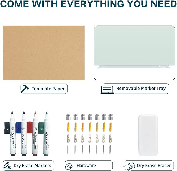 J&J worldwide Glass Whiteboard 6' x 3', Frosted Glass Dry Erase Board Non-Magnetic, Semi-Transparent, Includes Markers, Marker Tray, Eraser for Wall, Office, Home, School-DeskLoop Office