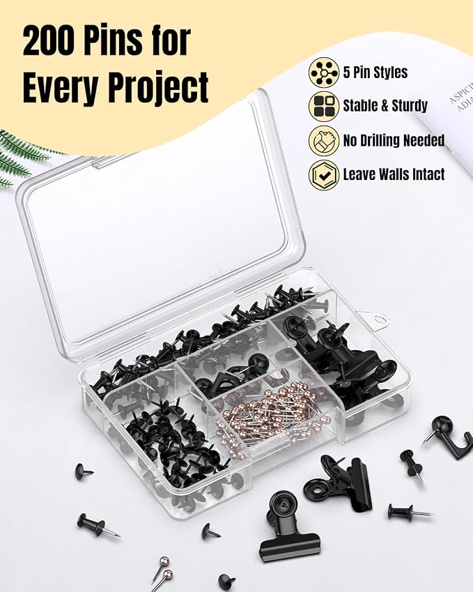 Uniclife 200 PCS Black Push Pins, 5 Style Push Pins - Image 6