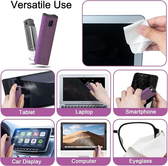 2Pcs Laptop Screen Monitor Cleaner Spray, walrfid Portable Phone Touchscreen and Car Screen Cleaning Kit for Cell Phones, Tablet, PC, Computer, iPhone, iPad, MacBook Pro - Grey and Purple-DeskLoop Office