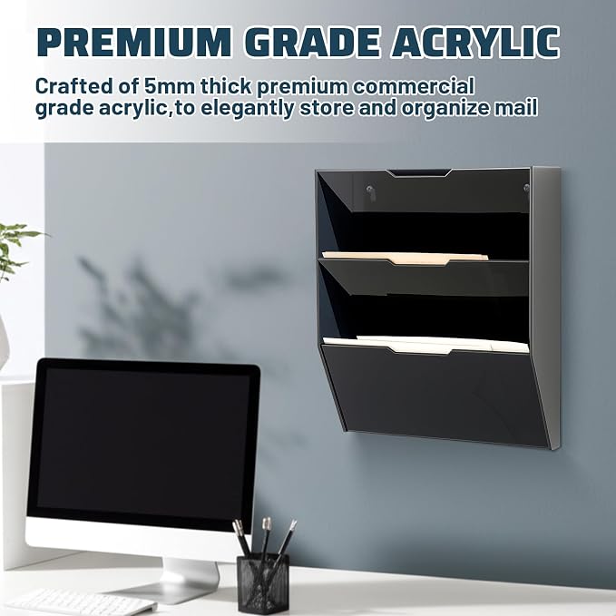 Chunful 3 Tier Mail Sorter Letter Wall Holder Black Acrylic Wall Mounted Mail - Image 5
