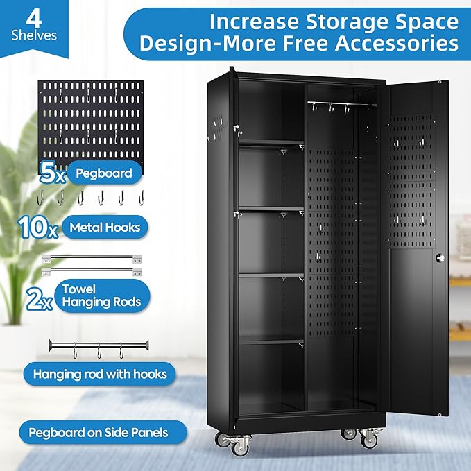 Garage Storage Cabinet with Wheels, Metal Tool Cabinet with Pegboards and 4 Adjustable Shelves, Garage Storage System with Lockable Door for Shools, Offices, Gyms and Pantries, Black-DeskLoop Office