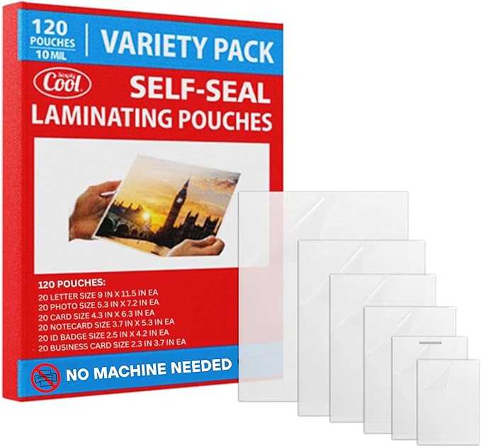 10mil Self-Adhesive Cold Laminating Sheets (120 Variety Count) Letter, Photo, Card, Notecard, I.D. Badge and Business Card Sizes. No Heat, No Machine needed, Easy Self-Sealing Pouches-DeskLoop Office