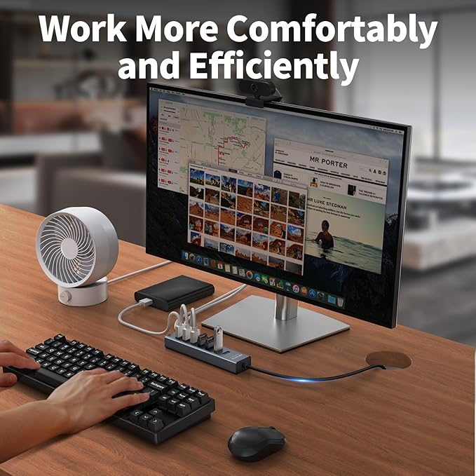 6Ft 7-Port USB 3.0 Hub for Desktop, Aluminium USB Extender Hub 5Gbps, Multiport Adapter, Long Cable for Desktop, PC, Flash Drive, Mobile HDD, Windows/XPS, 1.8m