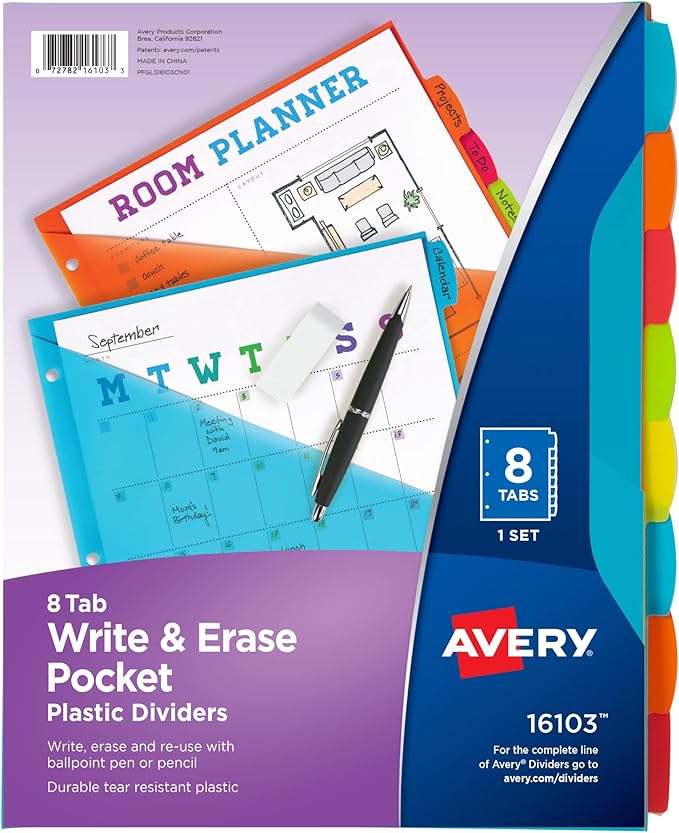 Avery Durable Plastic 8 Tab Write & Erase Dividers by Avery