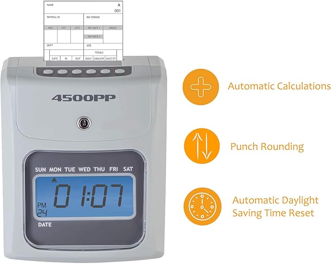 Nile Products - 4500PP Electronic Calculating Time Clock, Employees in/Out Time Tracker, Small Business Punch Pack Bundle Includes: 25 Time Cards,1 Ink Ribbon and 2 Security Keys-DeskLoop Office