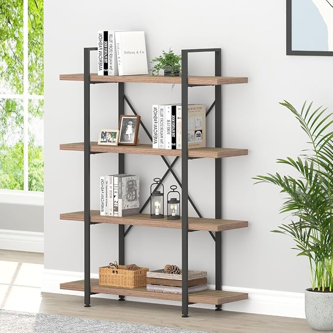 HSH Industrial 4 Tier Bookshelf, Modern Metal and Wood 4 Shelf Bookcase Etagere, Farmhouse Open Wide Display Storage Bookshelves and Bookcases Heavy Duty for Bedroom Living Room Office, Rustic Oak-DeskLoop Office