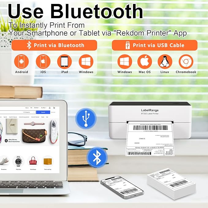 Ecommerce Label Printer 4x6, Bluetooth Thermal Shipping Label Printer, Compatible with Android&iOS and Windows, Support Amazon, Ebay, Shopify, Etsy, Whatnot, USPS, Pirate Ship, Shippo-DeskLoop Office