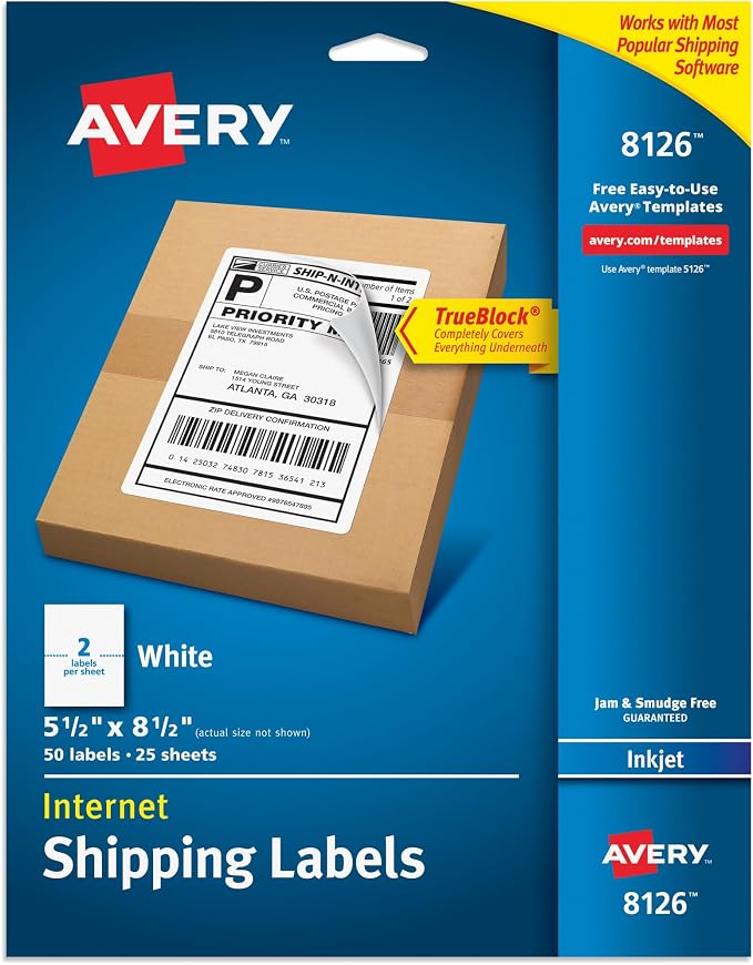Avery Half-Sheet Printable Shipping Labels, 5.5" x 8.5" Customizable Stickers by Avery