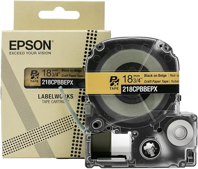 Epson LABELWORKS 218CPBBEPX Genuine Craft Paper Tape Cartridge - Black on Beige Craft Paper Label Maker Tape - 3/4" (18MM) Wide, 16.5'-DeskLoop Office