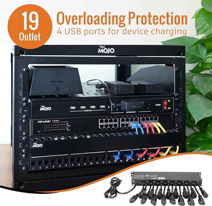 Tecmojo 1U Rack Mount 19 Outlet PDU Power Distribution Unit Power Strip Circuit Breaker fits 19-inch AV/Network/Server Cabinet/Closet/Enclosure-DeskLoop Office