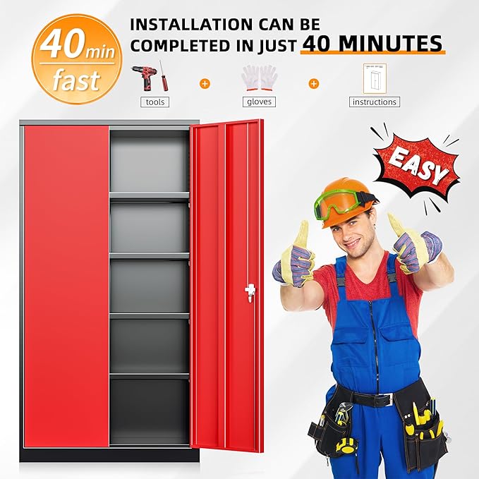INTERGREAT Garage Storage Cabinet with Lockable Door, 72" H Metal Locking Cabinets with 4 Adjustable Shelves,Black Red Steel Cabinets Storage for Home Office, Warehouse，School-DeskLoop Office