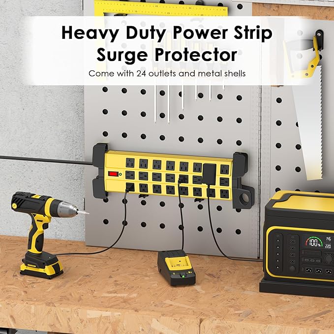 HHSOET Heavy Duty Power Strip with Surge Protection, Industrial Commercial Metal 24 Outlets Wall Mount for Garage Shop, 15 Amp, Switch, 6FT Extension Cord, Yellow.-DeskLoop Office