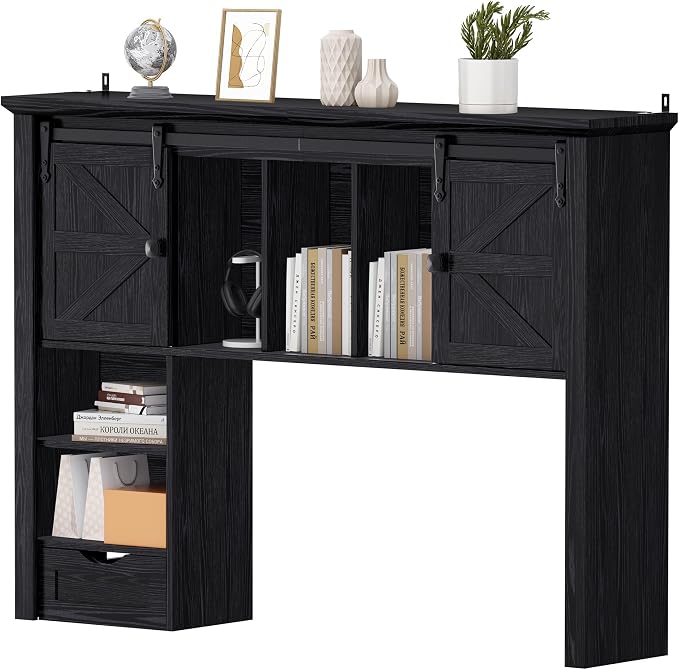 Large Desktop Bookshelf with Sliding Barn Door, 47.2''W Desk Shelf Display Rack - Image 8