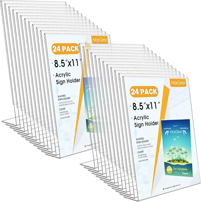 MaxGear Acrylic Sign Holder, 8.5 x 11 Slant Back Display Stand, 24 Pack | Clear by MaxGear