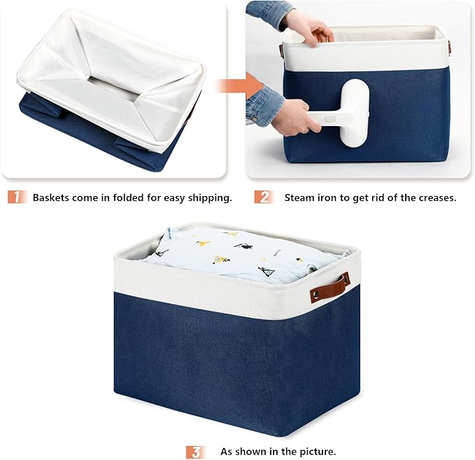 DULLEMELO Large Storage Baskets with Leather Handles for Linen Closet and Home Office, Decorative Baskets for Toys Storage (White & Blue)-DeskLoop Office