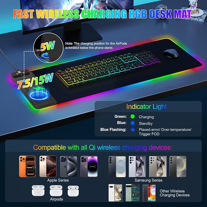 RGB Mouse Pad with Foldable Phone Stand & Wireless Charger, 31.5"x11.8" XL - Image 2