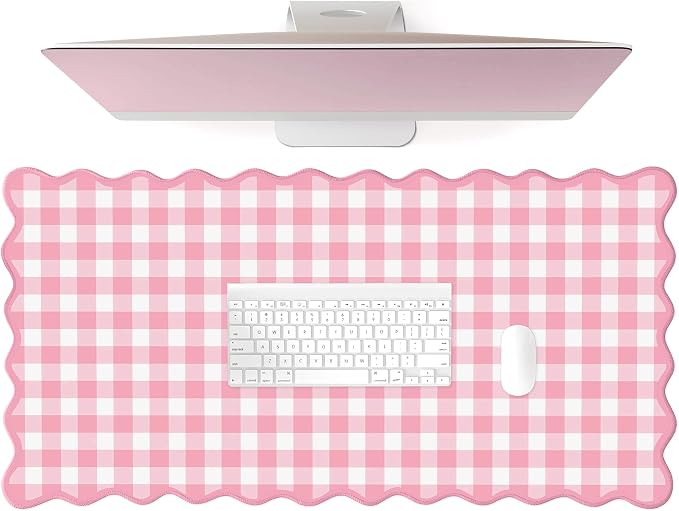 Scalloped‌ Pink Checkered Gingham Desk Mat Cute Pastel Large Mouse Pad Kawaii by Unknown