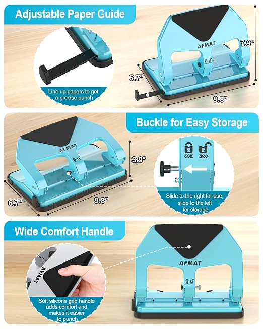 AFMAT 3 Hole Punch Heavy Duty, 50-Sheet Three Hole Punch, 50% Reduced Effort - Image 5
