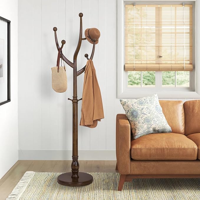 Wood Coat Rack Coat Tree Freestanding with Hooks, Heavy Duty Standing Coat Rack with Solid Round Base, 74” Tree Shaped Coat Hanger Stand for Clothes, Hat, Jacket, Entryway Bedroom, Walnut-DeskLoop Office