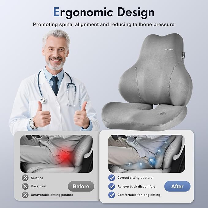 Coverado Memory Foam Car Seat Cushion and Lumbar Support Pillow for Car, Ergonomic Office Chair Cushion for Lower Back Pain Relief, Breathable & Non-Slip for Car, Home, and Office Use, Gray-DeskLoop Office