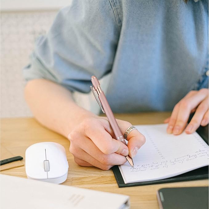 LINFANC 12 Pack Rose Gold Ballpoint Pen with Stylus Tip, 1.0 mm Black Ink Smooth Writing Pens, Metal Stylus Pens for Touch Screens-DeskLoop Office