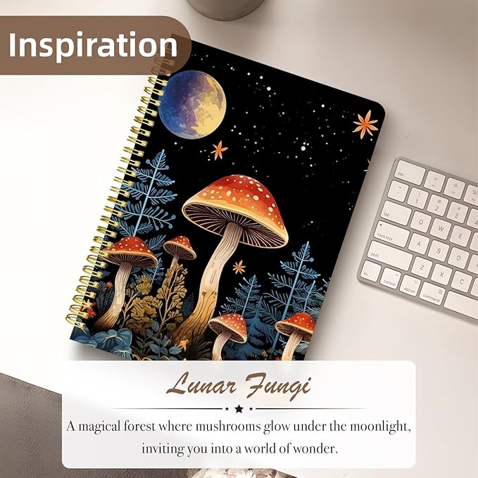 Cute Spiral Notebook journal B5 Aesthetic Pretty Design for Women Girls Kawaii with Pocket, 10 x 7.2 inch, Lined, Moon Mushroom-DeskLoop Office