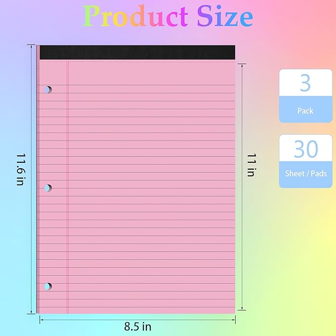 HAUTOCO 3 Pack 8.5 x 11 Legal Pads Colored Wide Ruled Notepads Perforated Writing Pads, 30 Sheets Per Notepad, 3-Hole Punched Paper, Writing Note Pads for School, Home, Office, Business