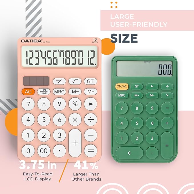CATIGA 12 Digit Desktop Calculator Basic Desk Calculator with Large LCD Display, Big Buttons, 4 Function, Solar and Battery Dual Power, for Office, School, Home, SD-1292 Pink-DeskLoop Office