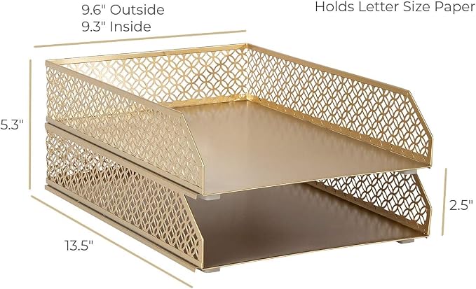 BLU MONACO | Paper Tray Stackable Gold Set of 2 | Stackable File Trays - Image 6