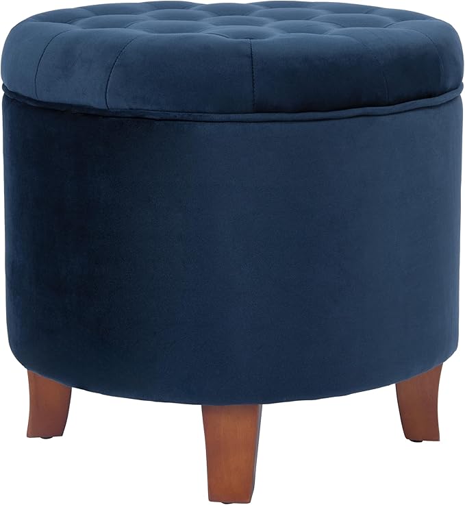 HomePop by Kinfine Fabric Upholstered Round Storage Ottoman - Velvet Button Tufted Ottoman with Removable Lid, Navy Blue-DeskLoop Office